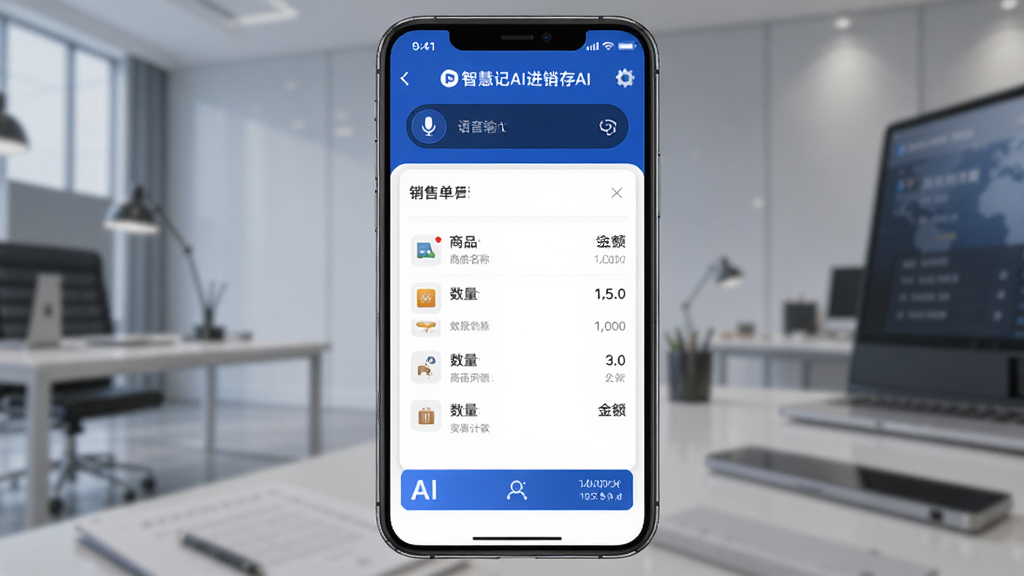 主体是智慧记AI进销存AI智能开单功能展示,布局为手机界面居中,排版上显示语音输入框与自动生成的销售单据,风格为科技感与商务感结合,细节包括麦克风图标、商品名称列表、数量、金额合计、AI标识,画质清晰干净,无多余元素