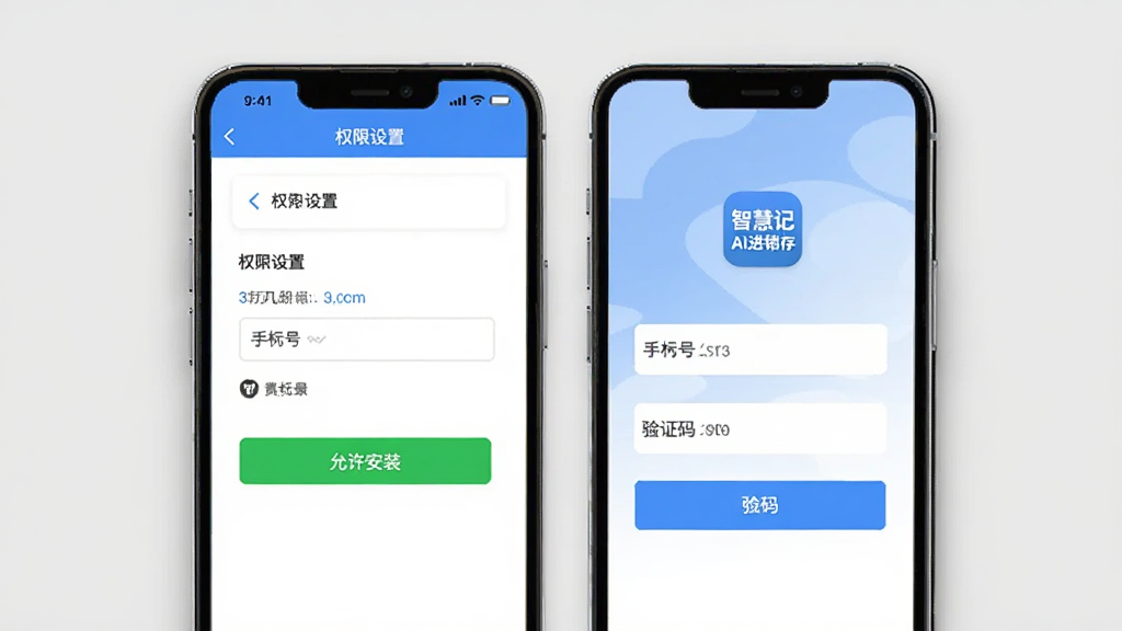 主体是智慧记AI进销存手机端安装与设置界面,布局为手机屏幕特写,排版上显示权限设置页面与账号登录页面,风格为简洁教程风格,细节包括允许安装按钮、手机号输入框、验证码、智慧记AI进销存图标,画质清晰干净,无多余元素