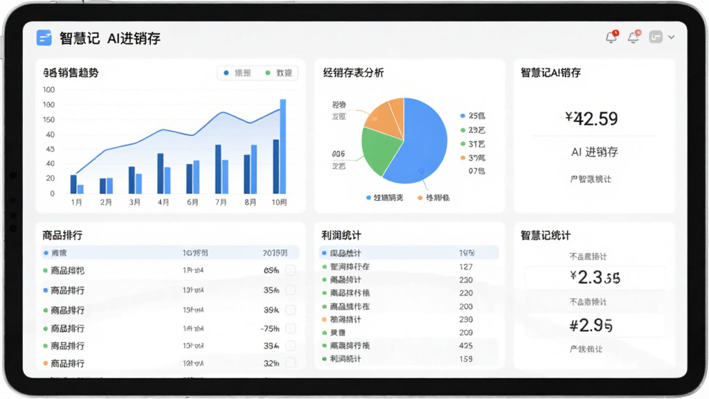 主体是智慧记AI进销存经营报表分析界面,布局为平板屏幕展示,排版上包含柱状图、饼图与数据表格,风格为清爽数据可视化风格,细节包括销售趋势曲线、商品排行列表、利润统计数字、智慧记AI进销存字样,画质清晰干净,无多余元素