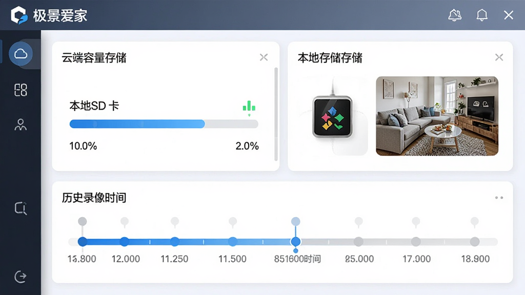 极景爱家存储管理界面图,展示云端存储和本地SD卡存储选项,界面包含存储容量进度条和历史录像时间轴,风格清爽直观,文字标注