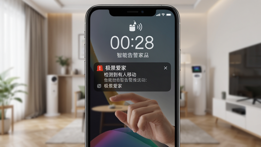 极景爱家智能告警推送界面图,手机锁屏界面显示告警通知弹窗,内容包含