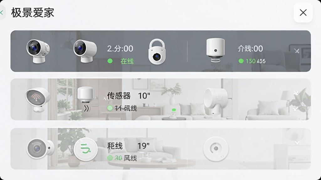 极景爱家多设备管理界面图,展示设备列表页面,包含摄像头、门锁、传感器等设备图标及在线状态标识,布局为垂直列表排列,风格简约商务,文字标注