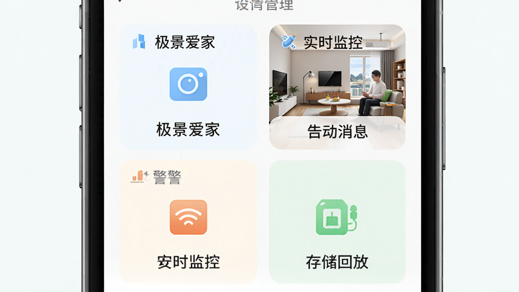 极景爱家APP功能总览图,展示手机界面中设备管理、实时监控、告警消息、存储回放四大功能模块,布局为2x2网格排列,风格清新浅色,文字标注
