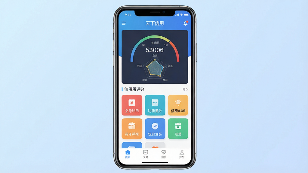 一张展示天下信用APP核心界面的手机样机图,画面中央是一部竖屏智能手机,屏幕内显示天下信用APP首页,包含信用评分仪表盘、功能图标网格和底部导航栏,背景为浅蓝色渐变,整体布局简洁清晰,风格为现代科技感扁平化设计,细节包括信用分数数字、雷达图、卡片式模块,画质高清,干净无多余元素。