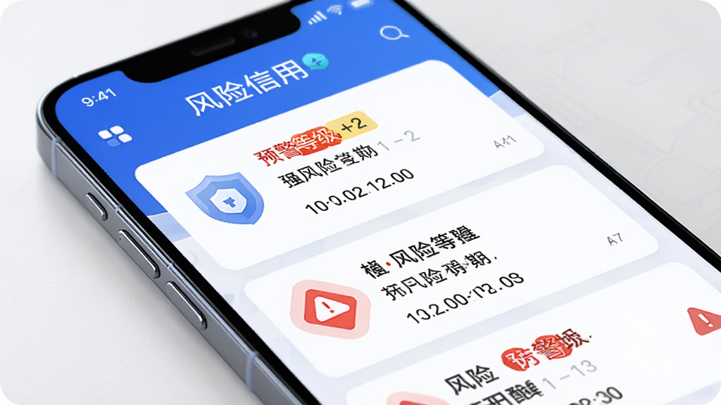 一部智能手机屏幕显示天下信用APP的风险监控页面,画面主体为手机和预警信息列表,布局采用上下结构,排版展示多条风险提醒卡片和红色警示图标,风格为安全防护类科技风格,细节包括盾牌图标、预警等级标签、时间线排列,画质高清,干净无多余元素。