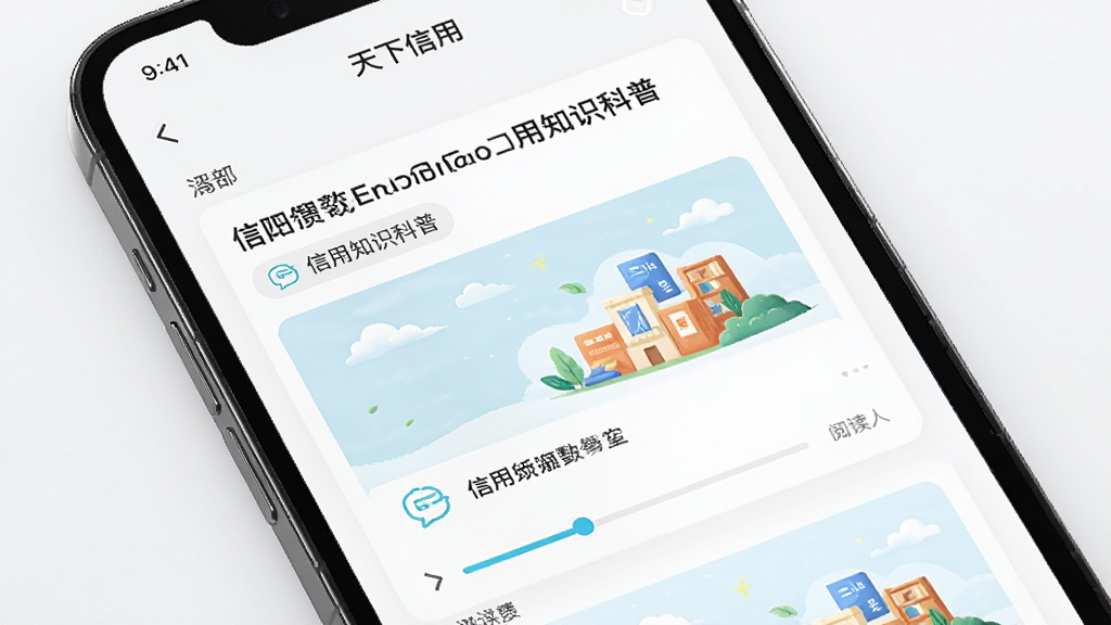 一部手机屏幕显示天下信用APP的信用知识科普页面,画面主体为手机和图文内容卡片,布局采用瀑布流排版,风格为清新阅读风,细节包括标题文字、配图插画、阅读进度条,画质高清,干净无多余元素。