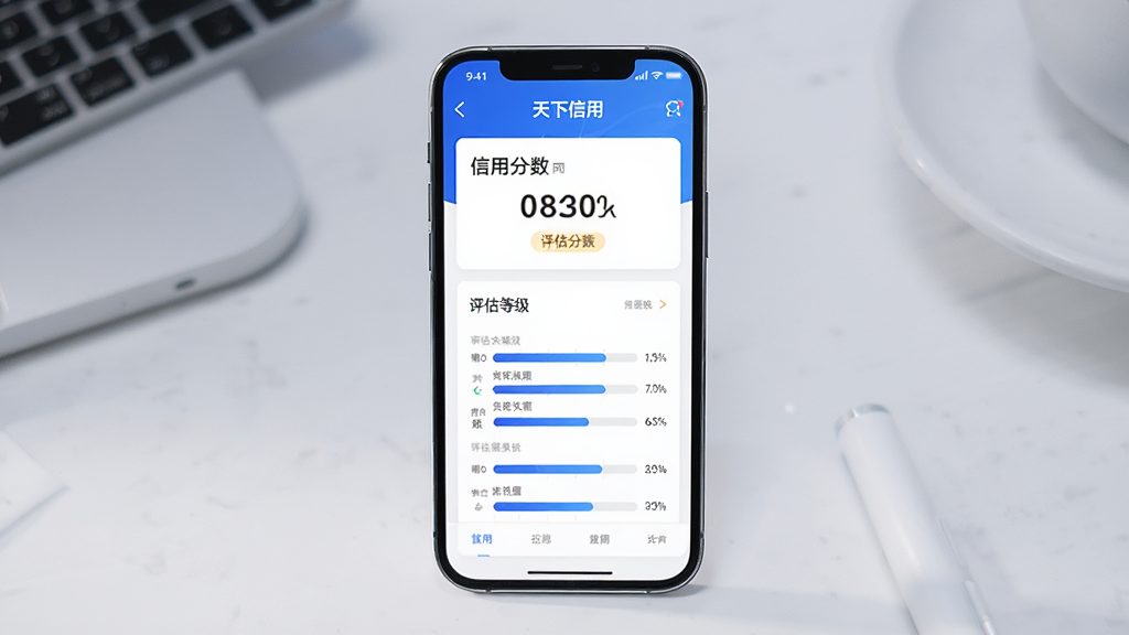 一部手机屏幕中展示天下信用APP的信用报告页面,画面主体为手机和报告界面,布局采用居中构图,排版清晰展示信用分数、评估等级和各项指标条形图,风格为现代简约科技风,细节包括蓝色主色调、白色卡片背景、数据图表,画质高清,干净无多余元素。