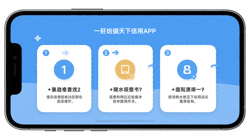 一部手机展示天下信用APP的新手引导页面,画面主体为手机和引导步骤界面,布局为居中卡片式排版,风格为友好引导风,细节包括步骤序号、操作箭头、温馨提示文字,画质高清,干净无多余元素。