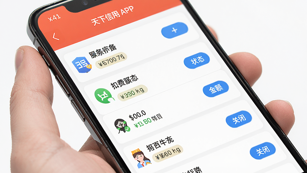 一部手机屏幕展示天下信用APP的扣费管理界面,画面主体为手机和扣费项目列表,布局为列表式排版,风格为清爽商务风,细节包括每项服务的名称、金额、状态标签和关闭按钮,画质高清,干净无多余元素。