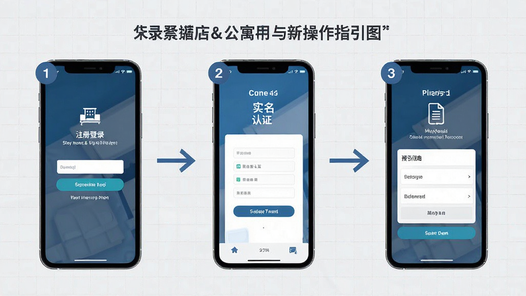Stey酒店&公寓新手操作指引图,画面以手机屏幕为中心,屏幕内展示注册登录、实名认证与预订流程的分步截图,背景为浅灰色网格与箭头引导线,布局上步骤从左到右排列,排版清晰,风格为扁平化信息图,细节包括数字序号、图标与简短文字说明,画质高清,画面干净,无多余元素。