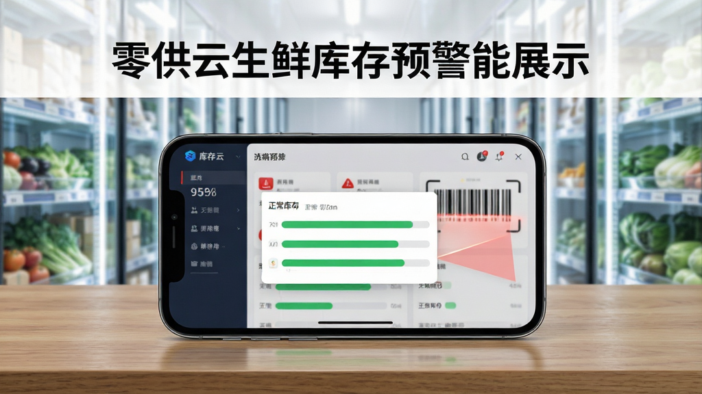 零供云生鲜库存预警功能展示图,画面主体为一部手机放置于木质桌面上,屏幕中显示库存仪表盘与预警弹窗,背景为生鲜冷藏库货架,布局采用水平视角,排版上方为软件名称文字,风格为现代商务简约风,细节包含红色预警图标、绿色正常库存条、条形码扫描光束,画质高清,干净,无多余元素