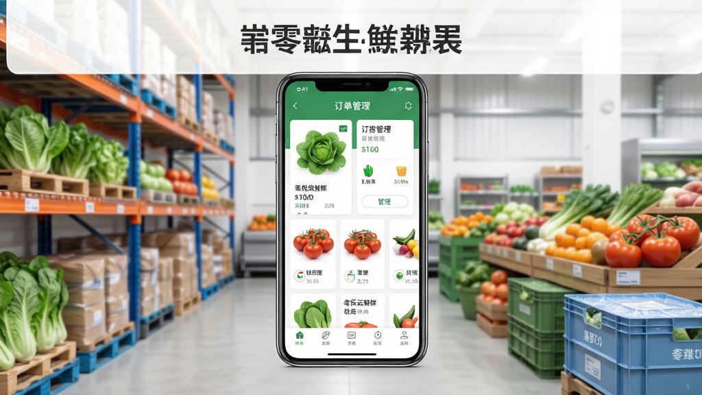 零供云生鲜软件主界面全景展示,画面中央为一部现代智能手机,屏幕中呈现清新的生鲜商品列表与订单管理卡片,背景为整洁的仓储货架与新鲜蔬果陈列,主体突出手机屏幕内容,布局采用居中构图,排版上方留白用于软件名称展示,风格为写实科技感与生鲜行业结合的视觉,细节包含绿色叶菜、红色番茄、冷链包装箱等元素,画质高清,干净,无多余元素