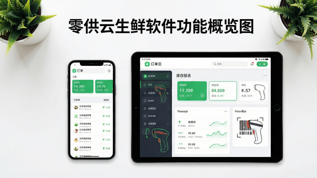 零供云生鲜软件功能概览图,画面主体为一部手机与一台平板电脑并排展示,屏幕中分别呈现订单列表和库存报表界面,背景为简洁的白色桌面与绿植点缀,布局采用对称平铺构图,排版上方居中显示软件名称文字,风格为清新科技风,细节包含绿色图标、数据卡片、扫码枪轮廓,画质高清,干净,无多余元素