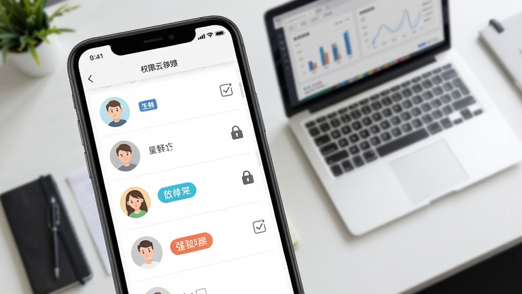 零供云生鲜多角色权限管理界面示意图,画面主体为手机屏幕展示权限设置列表,背景为办公室办公桌与笔记本电脑,布局采用俯视角度,排版左侧为角色头像图标,风格为清爽办公风,细节包含勾选框、锁形图标、不同颜色角色标签,画质高清,干净,无多余元素