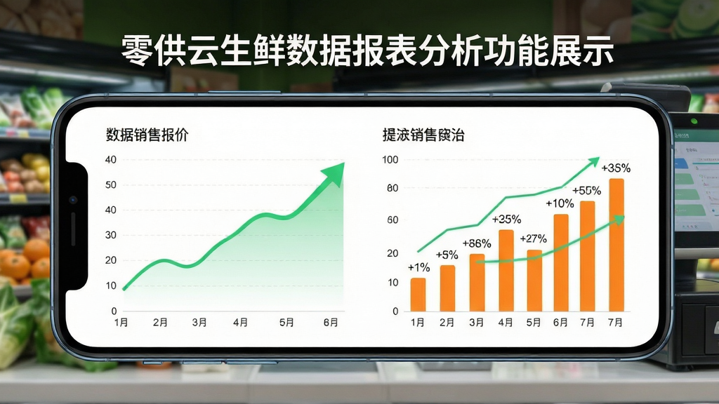 零供云生鲜数据报表分析功能展示,画面主体为手机横屏显示折线图与柱状图,背景为生鲜超市收银台场景,布局采用居中对称构图,排版上方为报表标题文字,风格为数据可视化科技风,细节包含绿色上升曲线、橙色销售柱、百分比数字,画质高清,干净,无多余元素
