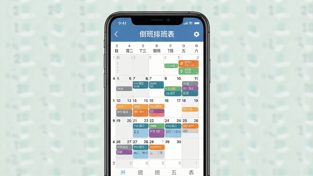 一张手机屏幕展示倒班排班表应用界面的图片,画面中央是清晰的月历视图,不同班次用不同颜色标注,顶部显示软件名称倒班排班表,整体布局简洁明了,风格现代扁平化,细节精致,画质高清,干净无多余元素