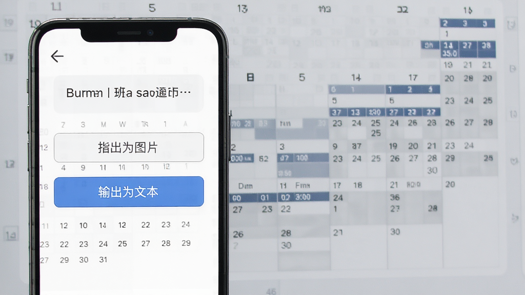 手机屏幕显示倒班排班表数据导出界面,画面中有导出为图片和导出为文本的选项按钮,背景是已生成的排班日历缩略图,风格简约商务,排版规整,细节清晰,画质高清,干净无多余元素