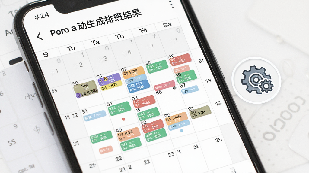 一部手机屏幕中显示倒班排班表自动生成排班结果的界面,日历上布满彩色班次标记,旁边有齿轮图标象征智能运算,画面风格清爽简约,主体突出,排版整齐,细节清晰,画质高清,干净无多余元素