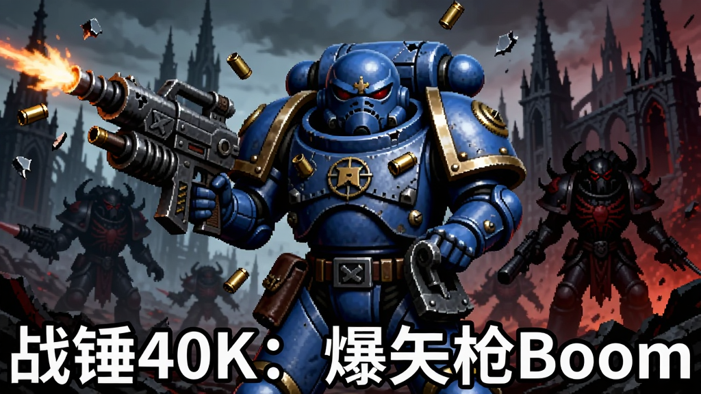 画面中央一名身穿蓝色动力装甲的星际战士双手持爆矢枪,背景是战锤40K风格的哥特式废墟与混沌星际战士剪影,画面下方用粗体大字写