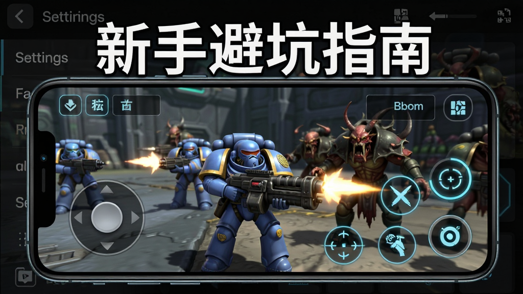 一部智能手机横屏显示战锤40K爆矢枪Boom游戏画面,屏幕左侧虚拟摇杆,右侧射击与瞄准按键,画面中星际战士正在与混沌敌人交火,手机上方浮现