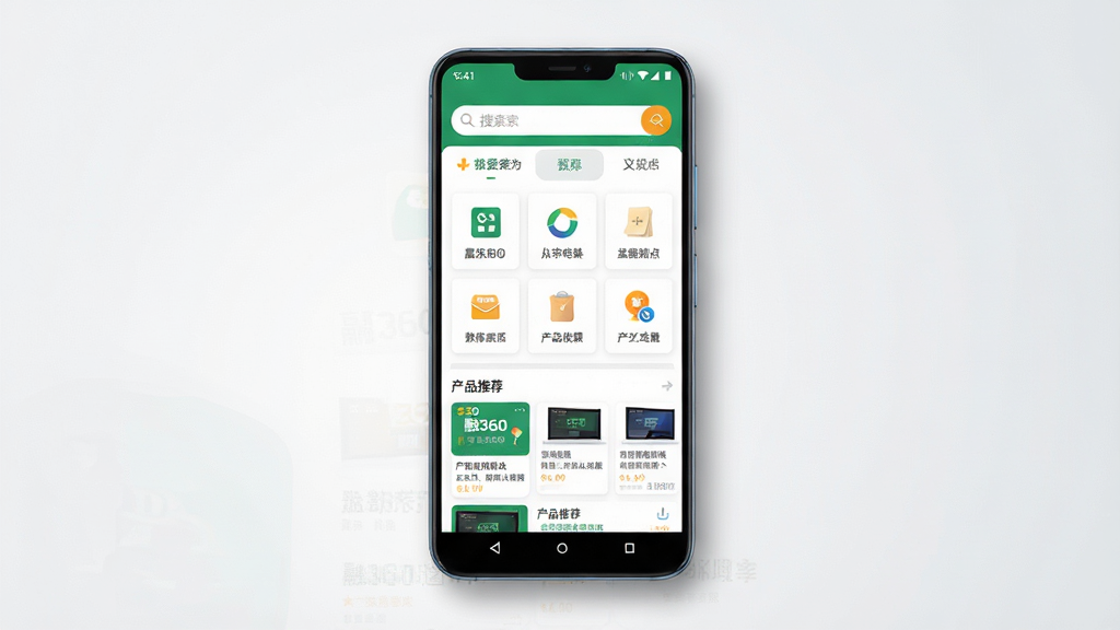一张手机应用界面展示图,主体是一部竖屏安卓手机,屏幕中显示融360应用首页,布局从上到下依次为顶部搜索栏、中部功能图标区、下方产品推荐列表,排版整齐清晰,风格为现代简约商务风,细节上屏幕边缘有柔和阴影,背景为干净的浅灰色渐变,画质高清,画面干净,无多余元素
