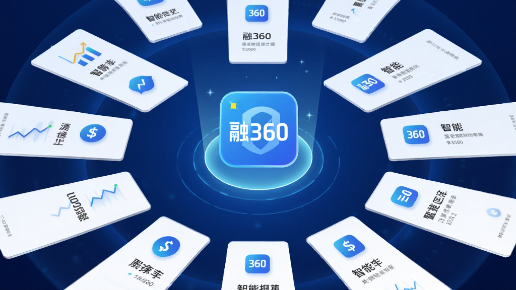 一张科技感金融匹配场景图,画面中央是一个发光的智能推荐图标,周围环绕着多个金融产品卡片,卡片上有简洁的图标和文字标识,主体突出融360的智能匹配概念,布局采用中心辐射式构图,风格为科技蓝与白色搭配,细节上卡片有轻微悬浮感,背景为深蓝色渐变,画质高清,画面干净,无多余元素