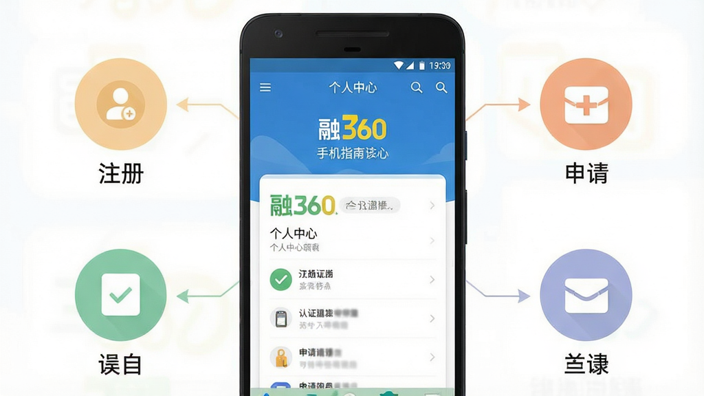 一张手机操作指南示意图,主体是一部安卓手机,屏幕上显示融360应用的个人中心页面,周围有简洁的图标标注注册、认证、申请等步骤,布局采用手机居中、步骤图标环绕的方式,风格为扁平化信息图风格,细节上图标颜色柔和,背景为白色,画质高清,画面干净,无多余元素