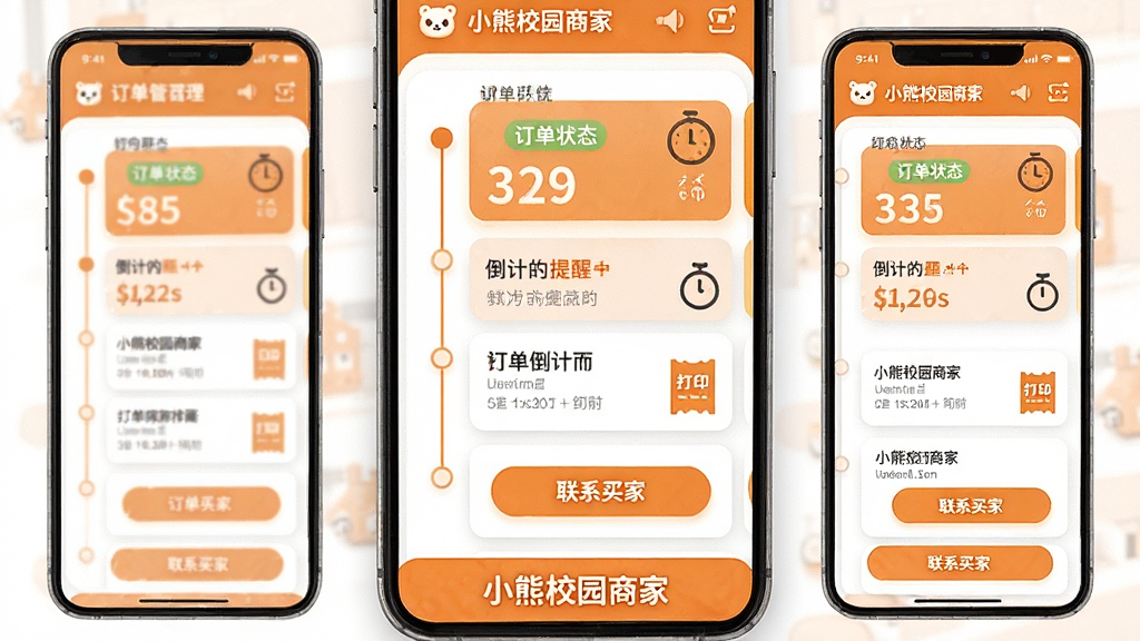 一张AI生图,主体为小熊校园商家软件的订单管理界面,布局采用时间轴与卡片列表结合的方式,排版为移动端竖屏样式,风格为温暖橙色系活力风,细节包括订单状态标签、倒计时提醒、打印小票图标、联系买家按钮,画面底部有“小熊校园商家”文字标识,画质高清,画面干净,无多余元素。