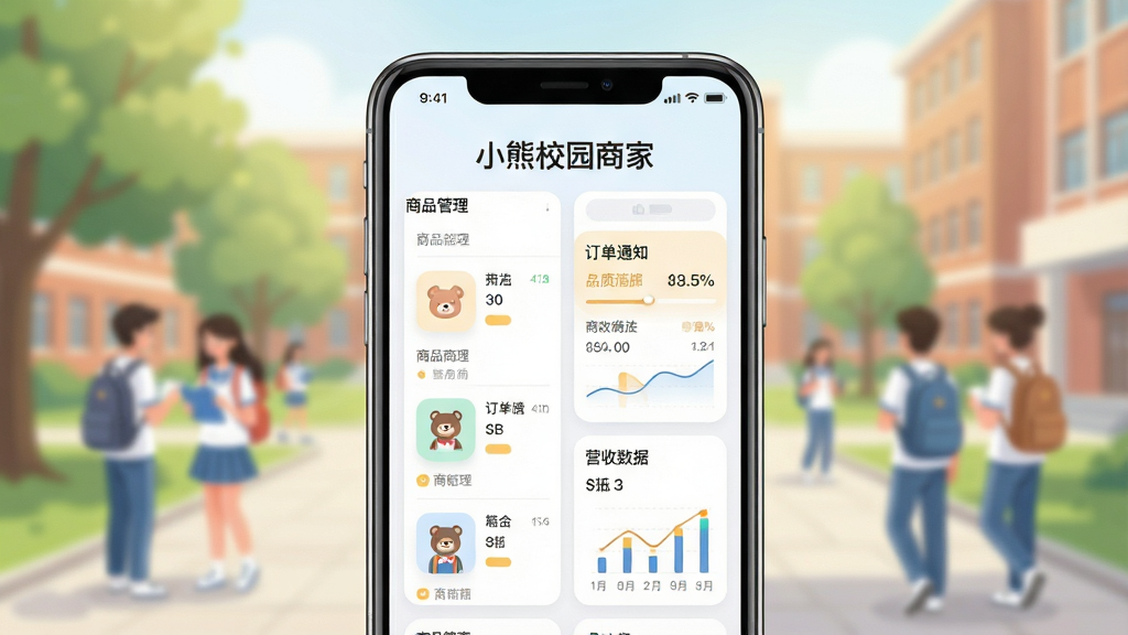 一张展示小熊校园商家软件核心功能的整体界面预览图,主体为一部智能手机,屏幕上显示小熊校园商家的店铺管理首页,包含商品列表、订单通知和营收数据卡片,布局采用居中构图,上方有软件名称“小熊校园商家”字样,背景是明亮的校园场景虚化处理,风格为现代扁平化UI设计,细节包括圆角图标、柔和阴影、清晰的数据图表,画质高清,画面干净,无多余元素。