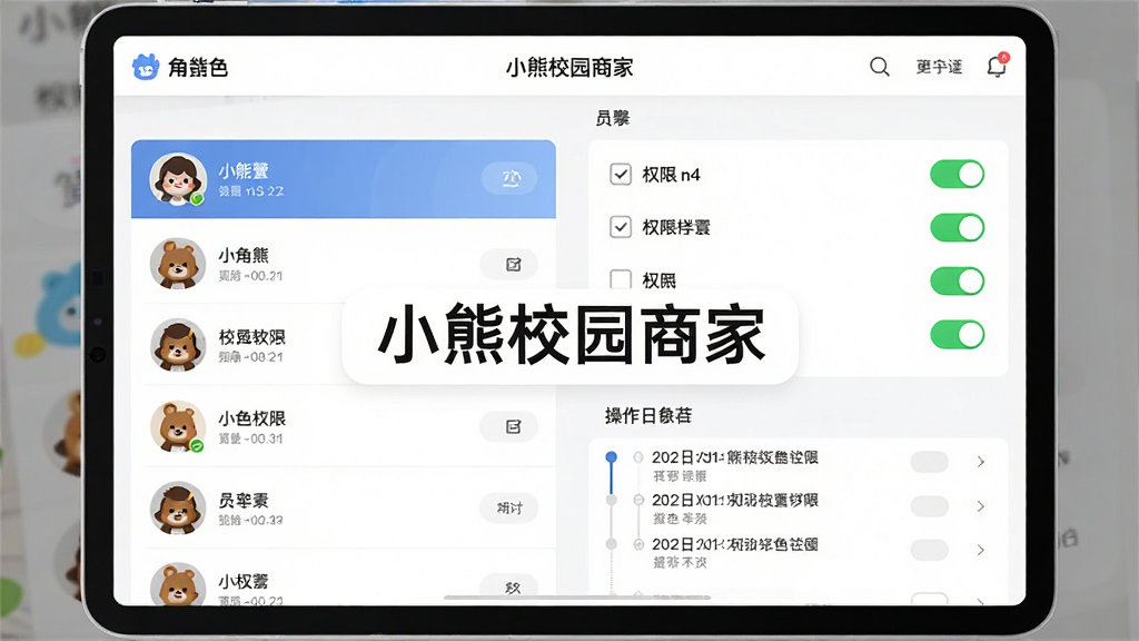 一张AI生图,主体为小熊校园商家软件的员工权限设置界面,布局左侧为角色列表、右侧为权限开关面板,排版为平板端横屏布局,风格为简约白色商务风,细节包括角色头像、权限勾选框、操作日志时间线,画面中间有“小熊校园商家”标题栏,画质高清,画面干净,无多余元素。