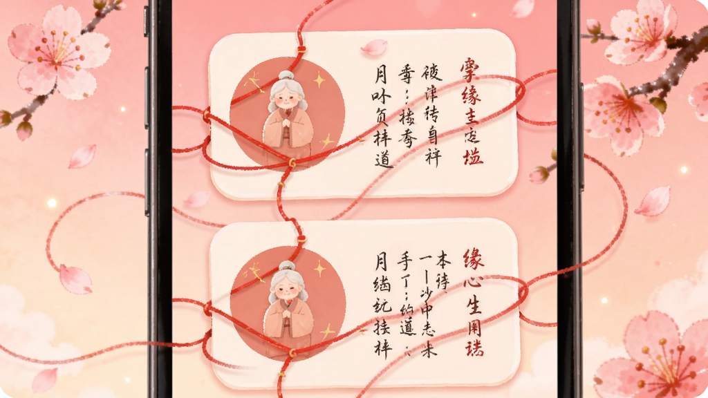 月下老人app姻缘匹配界面,画面主体是手机屏幕显示两张缘分卡片,卡片上印有红线缠绕的图案和签文文字,布局为上下排列卡片,背景是暖粉色渐变,风格为柔美插画风,细节包括桃花点缀、红线穿梭、卡片圆角设计,画质清晰干净,无多余元素