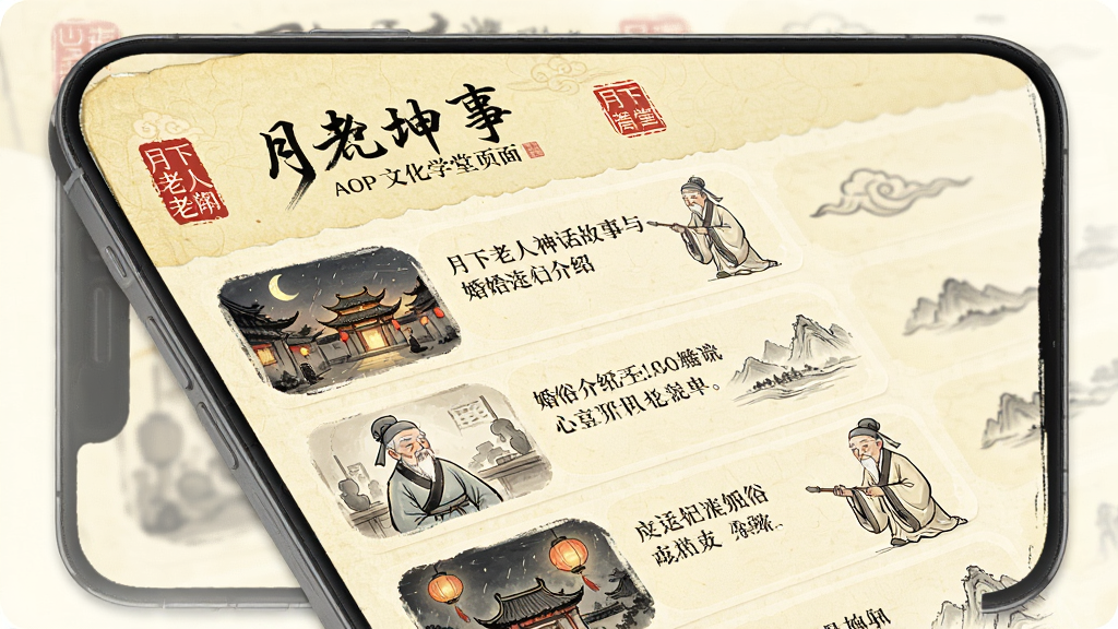 月下老人app文化学堂页面,手机屏幕显示图文列表,内容为月下老人神话故事与婚俗介绍,布局为纵向滚动列表,背景是淡黄色仿古纸张纹理,风格为国风简约,细节包含毛笔字体标题、印章图案、线条插画,画质高清干净,无多余元素