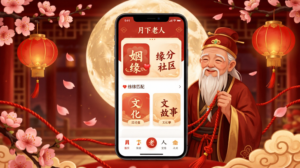 月下老人app主界面全貌展示,画面中央是一部竖屏手机,屏幕显示月下老人应用首页,包含姻缘匹配、缘分社区、文化故事等功能入口,背景是古典中国风红色与金色搭配,月老形象温和慈祥手持红线,布局简洁清晰,排版以手机为中心四周环绕桃花与红线元素,风格为温馨古典插画风,细节包含红绳、灯笼、桃花瓣、祥云纹样,画质高清干净,无多余元素