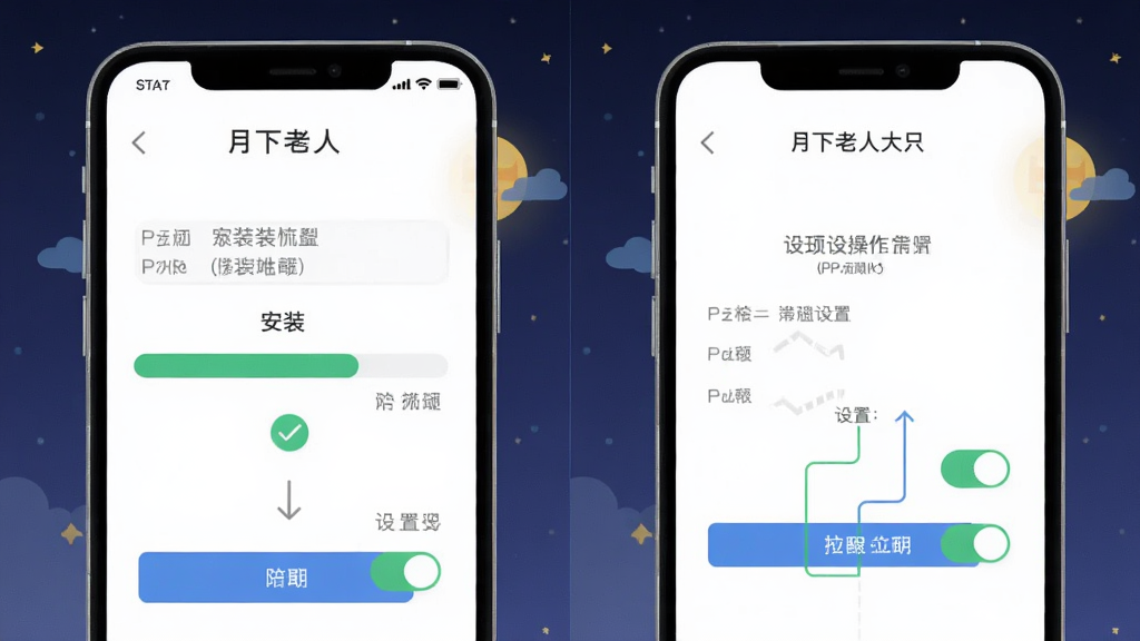 月下老人app安装与设置操作流程图,画面主体是手机屏幕显示安装进度条与权限设置界面,布局为左右分屏展示安装步骤与设置选项,风格为扁平化科技风,细节包含勾选图标、箭头指引、权限开关,画质清晰干净,无多余元素