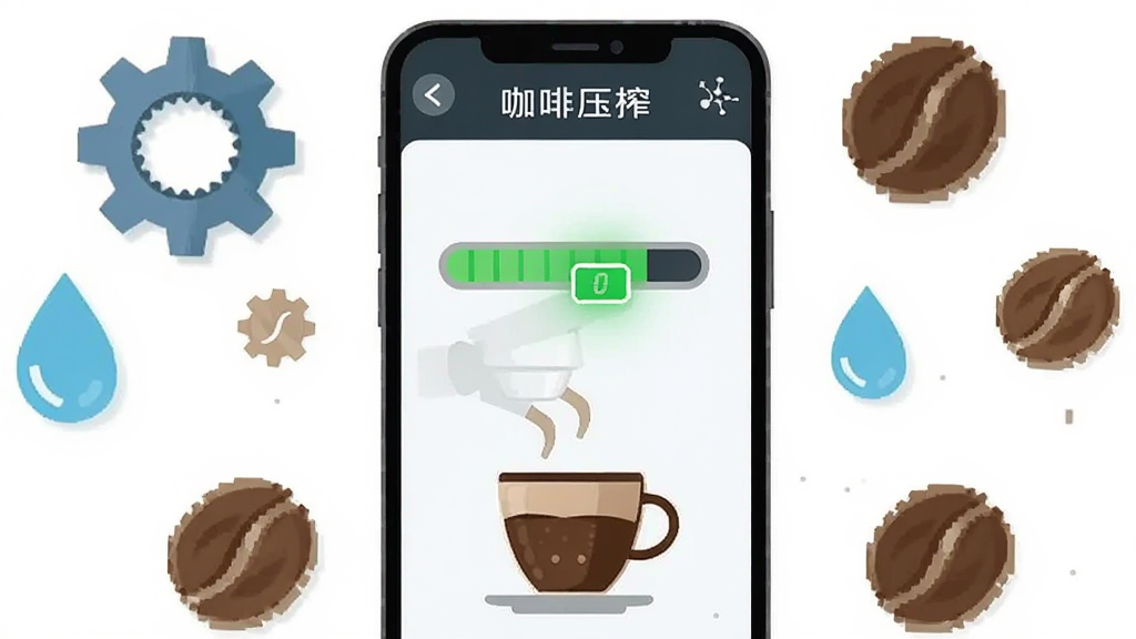 画面主体是一部智能手机,屏幕上显示着咖啡压榨的压榨操作界面,界面中有力度条和咖啡杯,布局为手机竖屏居中,周围漂浮着齿轮、水滴和咖啡豆图标,风格为科技感扁平插画,细节上突出屏幕内的绿色力度条和