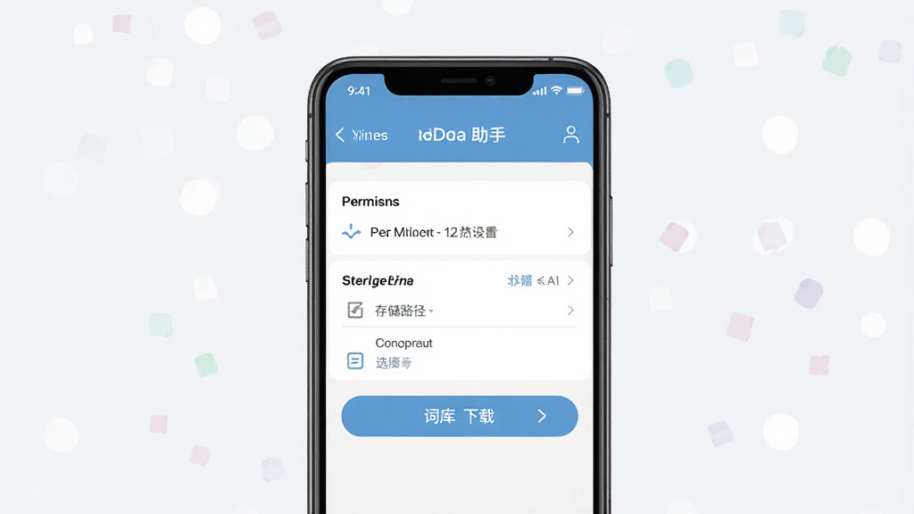 一张展示德语助手手机端使用指南的图片,画面主体为手机屏幕中显示德语助手设置界面,布局清晰,排版简洁,风格为现代扁平化设计,细节包括权限设置、存储路径选择、词库下载按钮,画质高清,画面干净,无多余元素