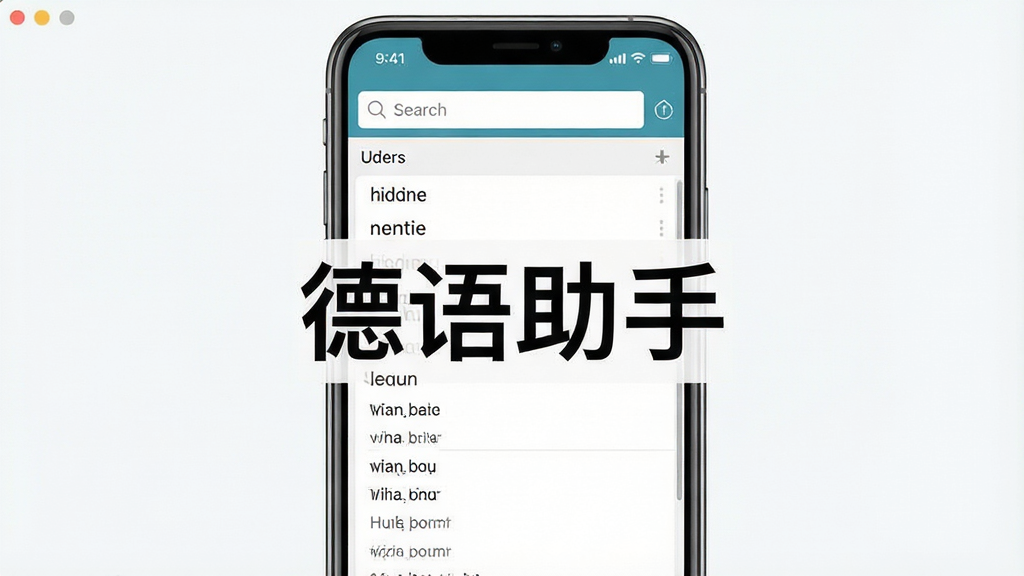 一张展示德语助手软件主界面的图片,画面中央是德语助手软件名称“德语助手”字样,主体为手机屏幕中显示德语词典查询界面,布局清晰,排版简洁,风格为现代扁平化设计,细节包括搜索框、德语单词列表、翻译结果区域,画质高清,画面干净,无多余元素