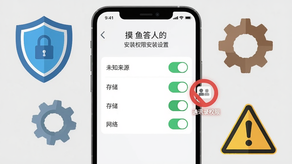 画面展示一部手机屏幕上是摸鱼答人的安装权限设置界面,有“未知来源”“存储”“网络”等权限开关,旁边有一个红色的禁止图标标注“通讯录权限”,手机周围有盾牌、齿轮、警告标志等元素,背景是浅灰色,采用扁平化图标风格,布局清晰,细节丰富,画质高清,干净无多余元素