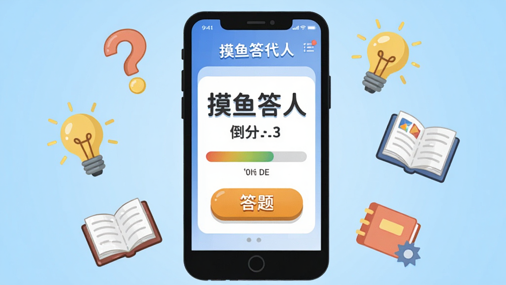 画面中央是一部智能手机,屏幕上显示摸鱼答人软件的主界面,界面中包含答题按钮、倒计时进度条和得分显示,手机周围环绕着问号、灯泡、书本等知识元素图标,背景是浅蓝色渐变,整体布局简洁明快,采用扁平化卡通风格,细节丰富,画质清晰,干净无多余元素,图片中文字为“摸鱼答人”