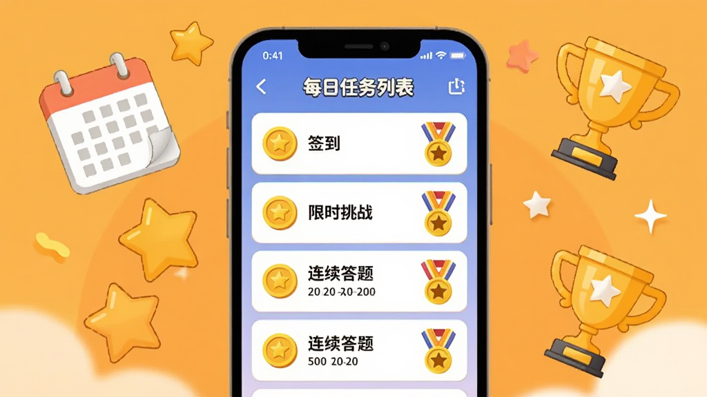 画面中央是一部手机屏幕展示摸鱼答人的每日任务列表,列表中有签到、限时挑战、连续答题等条目,旁边有金币和勋章图标,手机周围漂浮着日历、星星、奖杯等装饰元素,背景是温暖的橙黄色调,采用卡通扁平风格,布局清晰,细节丰富,画质高清,干净无多余元素