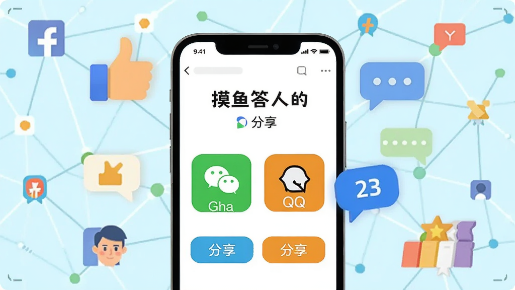 画面展示一部手机屏幕上是摸鱼答人的分享界面,有微信、QQ等分享按钮,屏幕周围环绕着点赞手势、聊天气泡和排行榜图标,背景是社交网络风格的连线图案,采用现代扁平化设计风格,色彩清新明亮,细节丰富,画质清晰,干净无多余元素