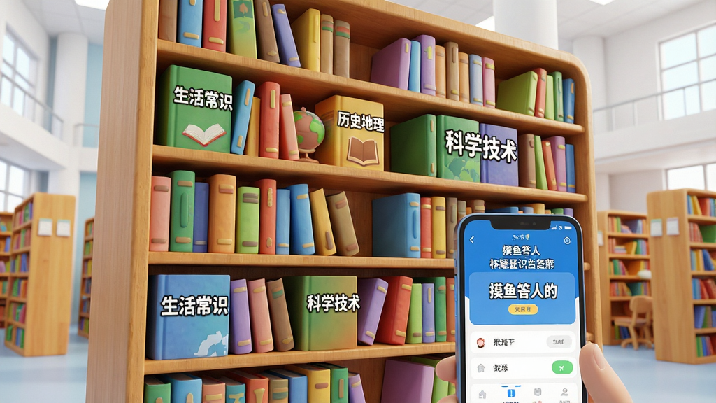 画面主体是一个巨大的虚拟题库书架,书架上摆满了标注不同分类的彩色书籍,每本书封面写着“生活常识”“历史地理”“科学技术”等字样,书架前方有一部手机正在展示摸鱼答人的答题界面,背景是明亮的图书馆场景,采用3D渲染风格,色彩饱满,细节精致,画质高清,干净无多余元素