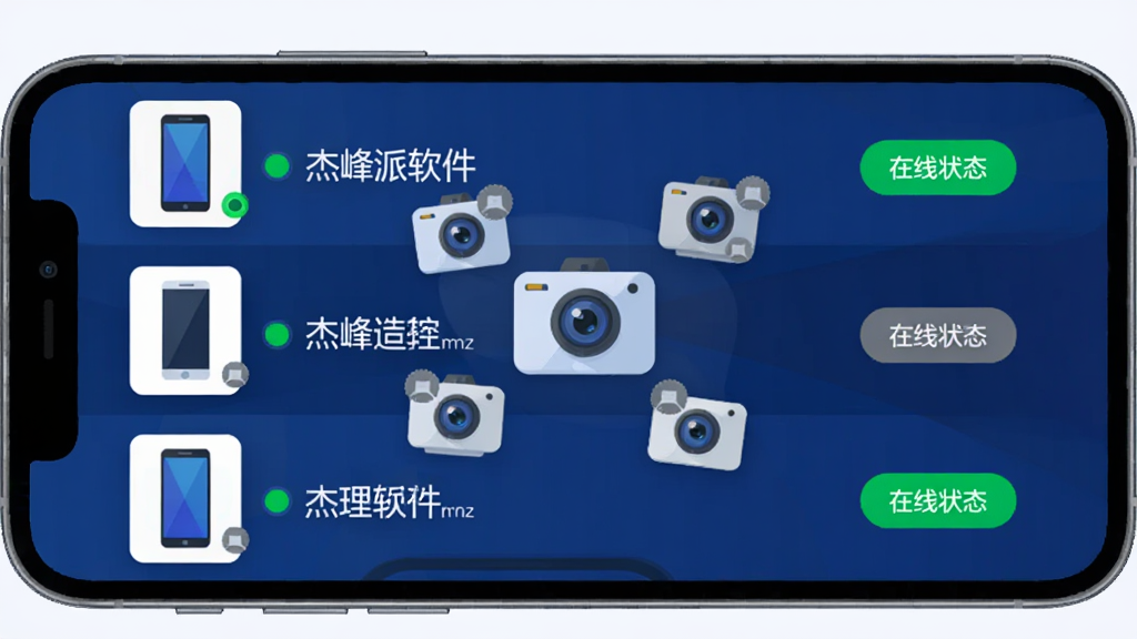 手机屏幕中展示杰峰派软件的多设备管理列表,左侧为设备缩略图,右侧为设备名称与在线状态标签,背景为深蓝色渐变,画面中央漂浮多个摄像头图标,风格为扁平化科技插画,细节包含绿色在线圆点与灰色离线标识,画质清晰,无杂乱元素