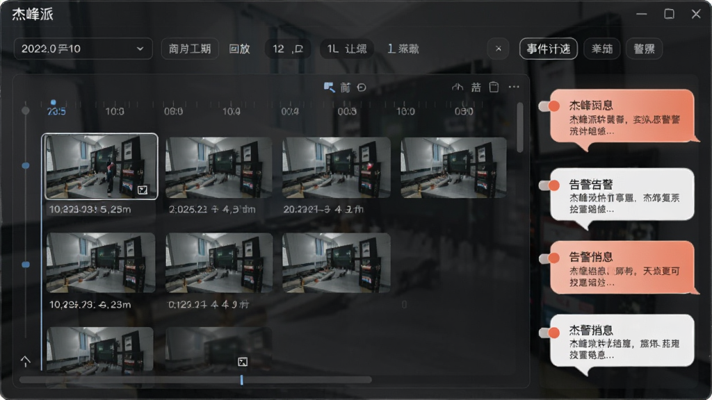 画面为杰峰派软件的录像回放界面截图风格,中央为时间轴与录像片段缩略图,右侧为告警消息气泡,背景为深色半透明玻璃质感,风格为现代UI设计展示,细节包含日期选择器与事件筛选标签,画质高清,排版整齐,无多余元素