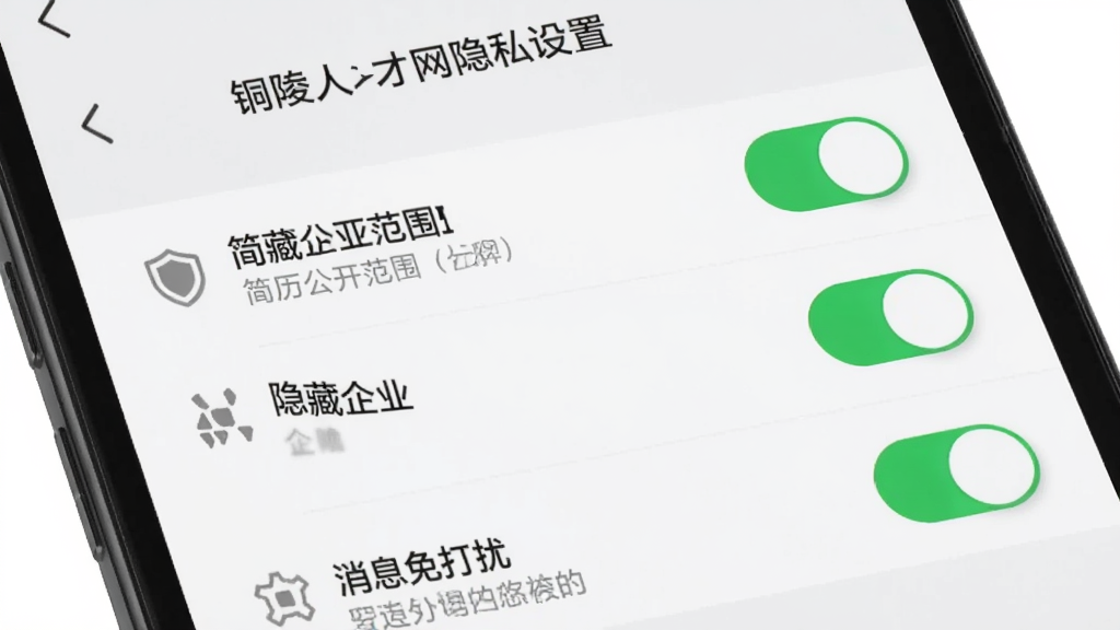 铜陵人才网隐私设置页面,画面为一部手机展示隐私权限开关列表,包含简历公开范围、隐藏企业、消息免打扰等选项,界面为设置列表样式,风格为极简安全风,细节包含盾牌图标、绿色开关、灰色文字说明,画质清晰,干净,无多余元素