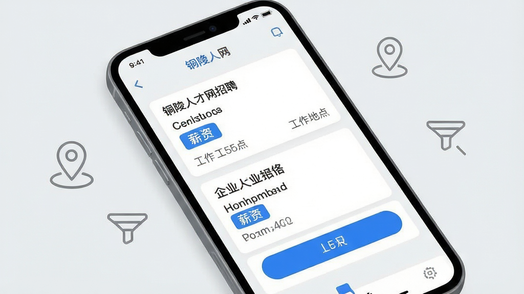 铜陵人才网APP岗位列表页面,画面中央是一部智能手机,屏幕内展示多个招聘岗位卡片,每张卡片上有企业名称、岗位标题、薪资标签和工作地点,背景为浅灰色,手机周围有简洁的定位图标和筛选图标装饰,风格清爽扁平化,细节包含蓝色高亮按钮、白色卡片、灰色文字,画质清晰,干净,无多余元素