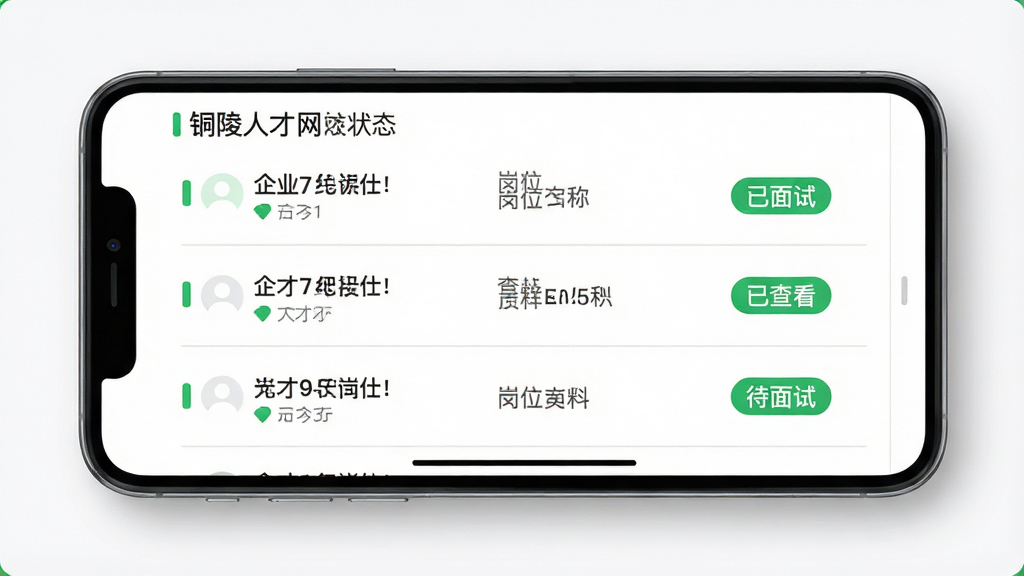 铜陵人才网简历投递状态页面,主体为一部横向放置的手机,屏幕显示简历投递记录列表,每条记录包含企业名称、岗位名称和状态标签如已查看、待面试,布局为上下排列的列表,风格为清新浅色商务风,细节包含绿色状态标识、灰色分割线、白色背景,画质高清,干净,无多余元素