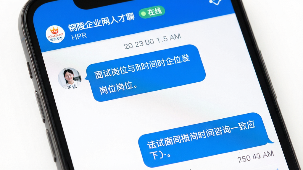 铜陵人才网企业直聊界面,画面为一部手机屏幕特写,显示聊天对话框,左侧为求职者消息气泡,右侧为企业HR回复气泡,内容涉及面试时间和岗位咨询,顶部有企业名称和在线状态标识,风格为简洁社交聊天风,细节包含蓝色气泡、白色背景、时间戳,画质清晰,干净,无多余元素
