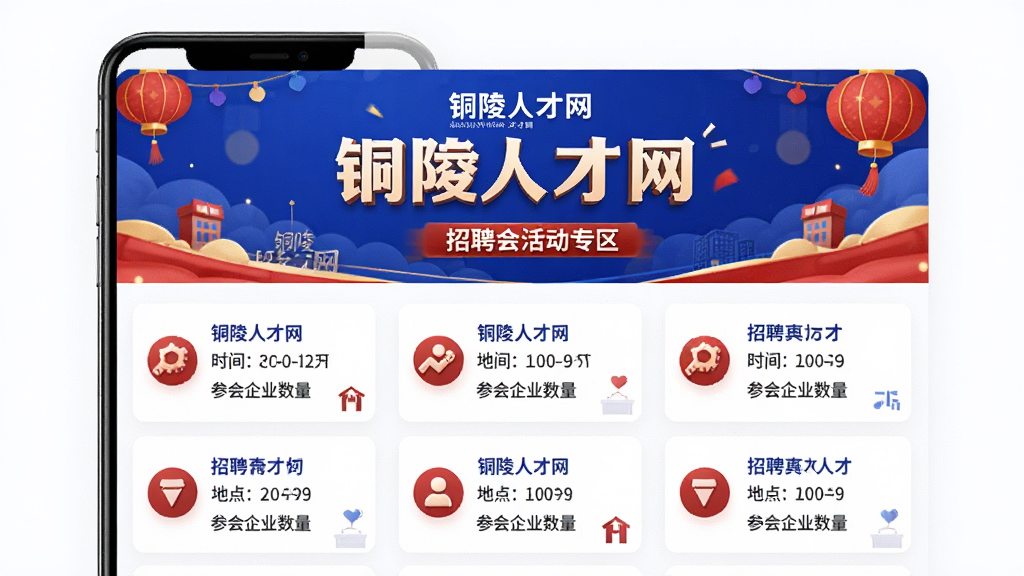 铜陵人才网招聘会活动专区页面,主体为手机屏幕展示活动横幅和招聘会列表,横幅上有铜陵人才网字样和招聘会主题,下方为多场招聘会卡片,包含时间、地点、参会企业数量,风格为节日活动促销风,细节包含红色和蓝色搭配、白色卡片、图标装饰,画质高清,干净,无多余元素