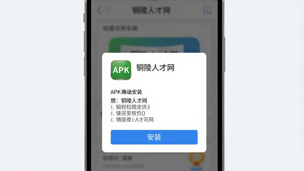 铜陵人才网安卓手机安装界面,主体为一部手机显示APK安装确认弹窗,包含应用图标、名称铜陵人才网、权限列表和安装按钮,背景为浅色,风格为科技简约风,细节包含蓝色安装按钮、灰色文字、白色弹窗,画质高清,干净,无多余元素